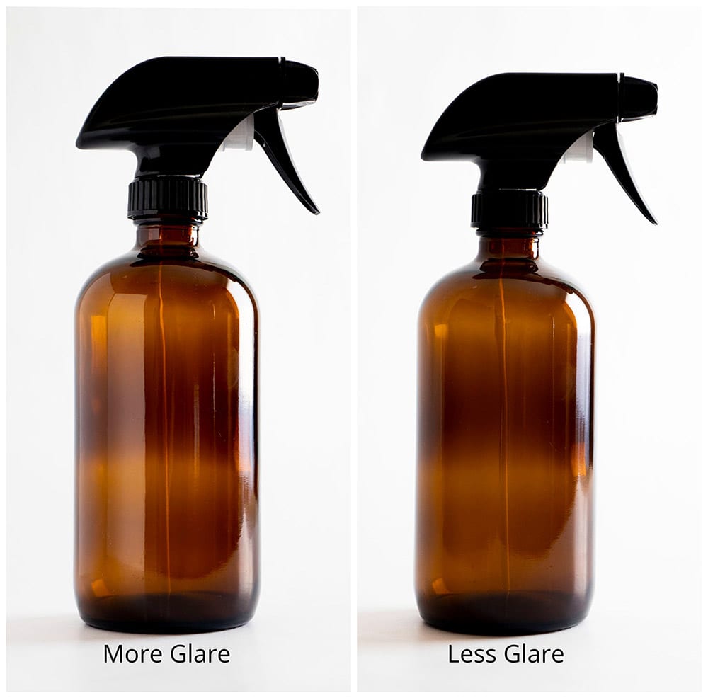 amber glass spray bottles, one bottle with lots of glare and other with less glare