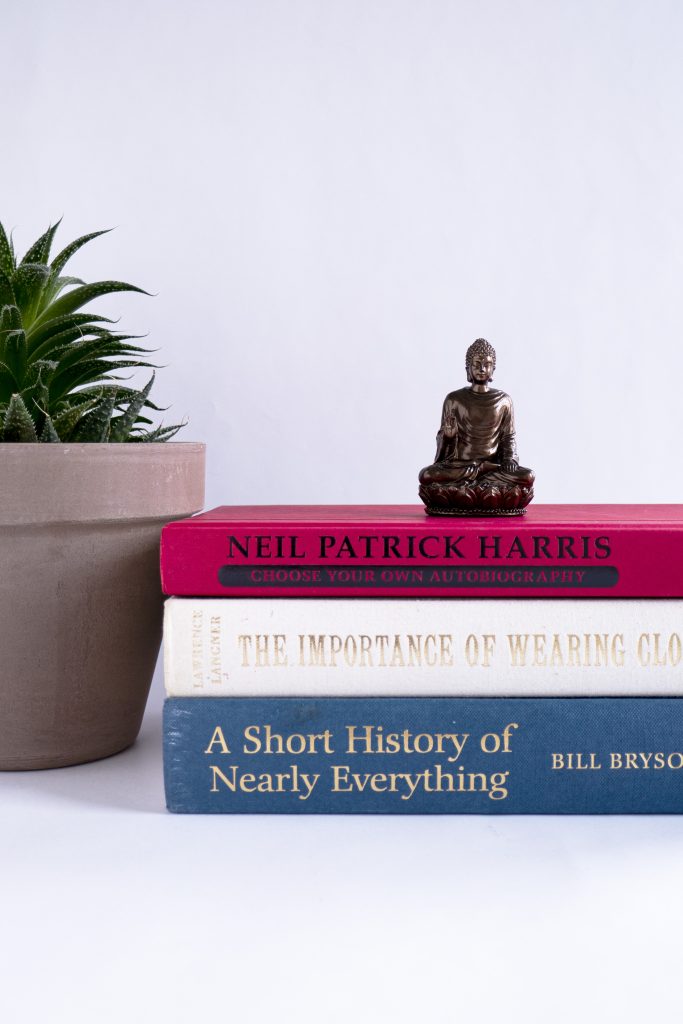 Small Buddha figurine on a stack of colored books next to gray potted plant