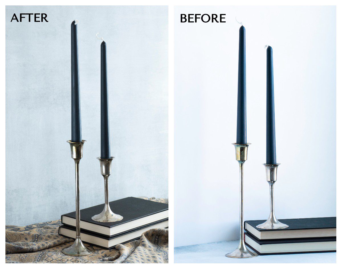 Similar photos of candles on top books. One photo with fabric covering table, the other without 
